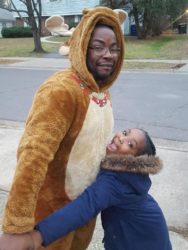 Teeyah finds Hantz's reindeer costume amusing